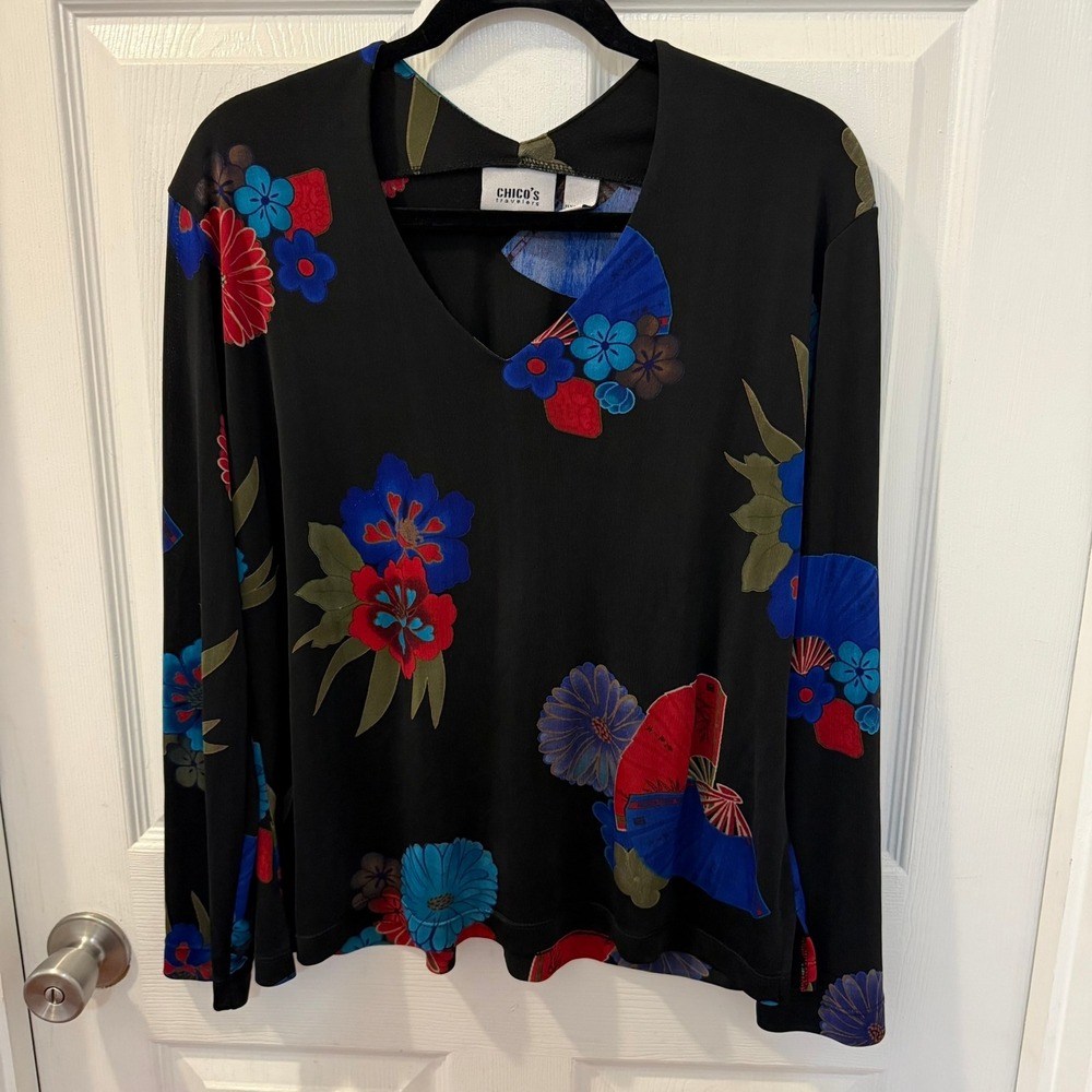 Chico's Travelers Size 3 (XL) Black Bold Floral V-Neck Long Sleeve Top Stretch